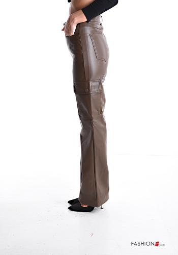 Kunstleder hoher Taille Hose mit Knöpfen mit Reißverschluss mit Taschen - ph 3
