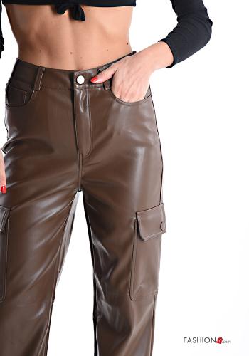Kunstleder hoher Taille Hose mit Knöpfen mit Reißverschluss mit Taschen - ph 4