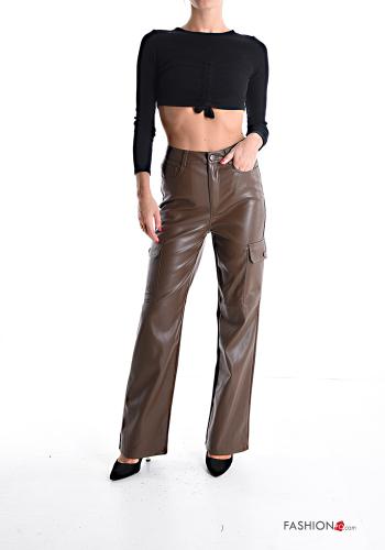 Kunstleder hoher Taille Hose mit Knöpfen mit Reißverschluss mit Taschen - ph 5