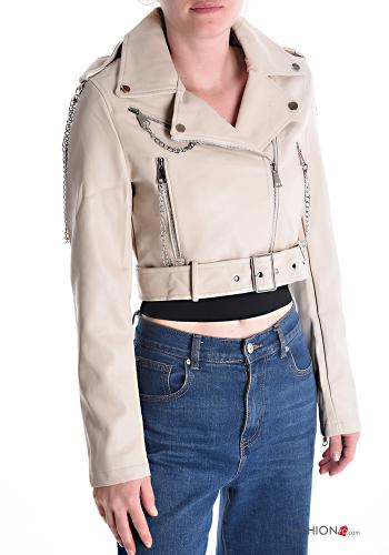 Kunstleder Bikerjacke mit Gürtel mit Reißverschluss - ph 1