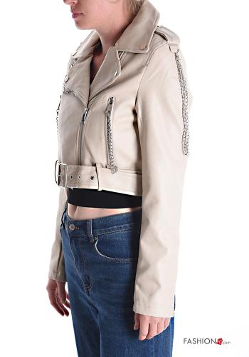 Kunstleder Bikerjacke mit Gürtel mit Reißverschluss - ph 3