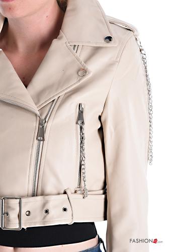 Kunstleder Bikerjacke mit Gürtel mit Reißverschluss - ph 4