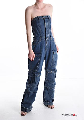 denim sleeveless Cotton Jumpsuit with buttons with pockets