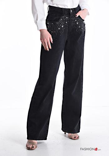 Denim wide leg Hose aus Baumwolle mit Knöpfen mit Strasssteinen mit Reißverschluss mit Taschen - ph 1