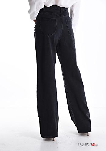 Denim wide leg Hose aus Baumwolle mit Knöpfen mit Strasssteinen mit Reißverschluss mit Taschen - ph 2