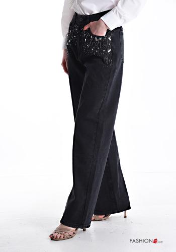 Denim wide leg Hose aus Baumwolle mit Knöpfen mit Strasssteinen mit Reißverschluss mit Taschen - ph 3