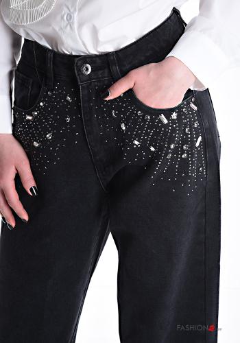 Denim wide leg Hose aus Baumwolle mit Knöpfen mit Strasssteinen mit Reißverschluss mit Taschen - ph 4