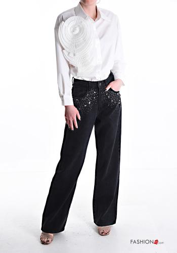Denim wide leg Hose aus Baumwolle mit Knöpfen mit Strasssteinen mit Reißverschluss mit Taschen - ph 5