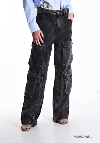 Denim wide leg Jeans aus Baumwolle mit Knöpfen mit Reißverschluss mit Taschen - ph 1