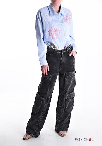 Denim wide leg Jeans aus Baumwolle mit Knöpfen mit Reißverschluss mit Taschen - ph 5