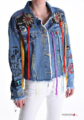 Denim lange ärmel Jacke aus Baumwolle mit Knöpfen mit Strasssteinen mit Taschen - ph 1