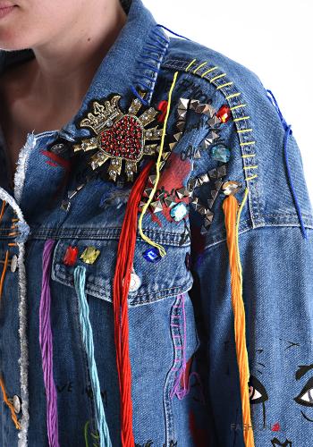 Denim lange ärmel Jacke aus Baumwolle mit Knöpfen mit Strasssteinen mit Taschen - ph 4