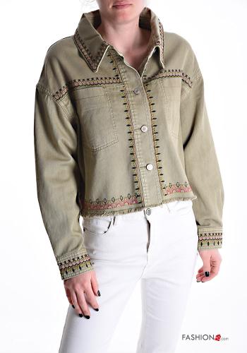 Besticktes Muster Denim kurz lange ärmel Jacke aus Baumwolle mit Knöpfen - ph 1