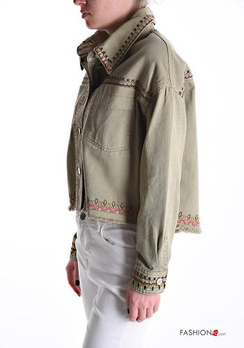 Besticktes Muster Denim kurz lange ärmel Jacke aus Baumwolle mit Knöpfen - ph 3