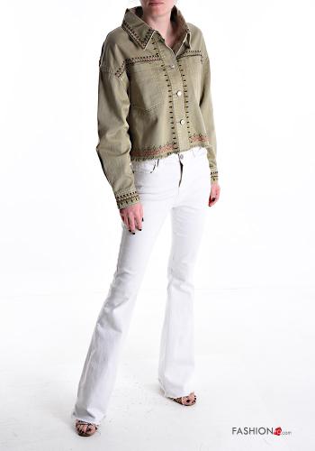 Besticktes Muster Denim kurz lange ärmel Jacke aus Baumwolle mit Knöpfen - ph 5