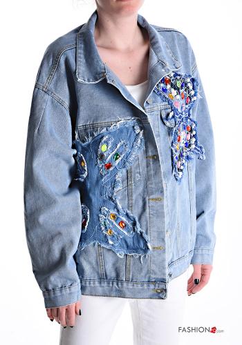 denim long sleeve Cotton Jacket with buttons with rhinestones