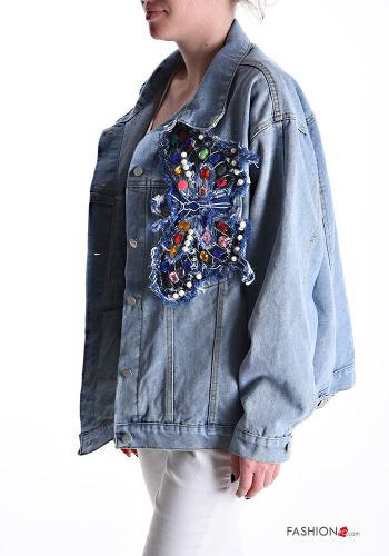 denim long sleeve Cotton Jacket with buttons with rhinestones - ph 3