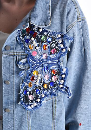 denim long sleeve Cotton Jacket with buttons with rhinestones - ph 4