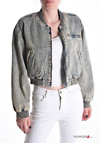 Denim lange ärmel Bomberjacke aus Baumwolle mit Taschen mit Reißverschluss - ph 1