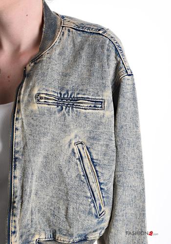 Denim lange ärmel Bomberjacke aus Baumwolle mit Taschen mit Reißverschluss - ph 4