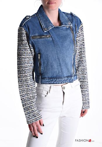denim long sleeve Cotton Biker Jacket with pockets with zip - ph 1
