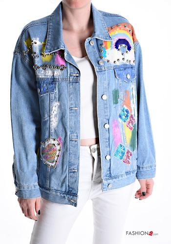 Patterned denim long sleeve Cotton Jacket with sequins with buttons with studs with pockets