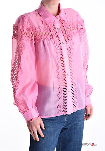 Embroidered puff sleeve with collar long sleeve Cotton Shirt with buttons with rhinestones