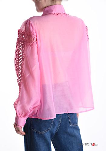 Camicia in Cotone maniche lunghe maniche a palloncino con colletto Fantasia ricamata con bottoni con strass - ph 2