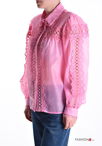 Camicia in Cotone maniche lunghe maniche a palloncino con colletto Fantasia ricamata con bottoni con strass - ph 3