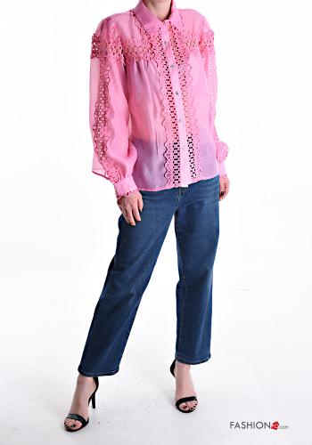 Camicia in Cotone maniche lunghe maniche a palloncino con colletto Fantasia ricamata con bottoni con strass - ph 5