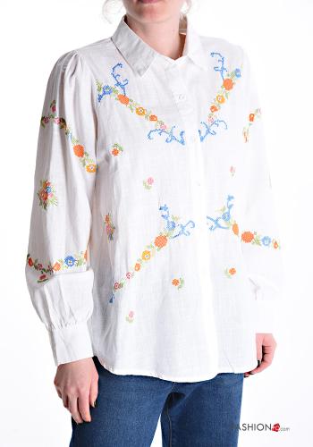 Camisa em Algodão manga comprida com gola Padrão bordado com botões