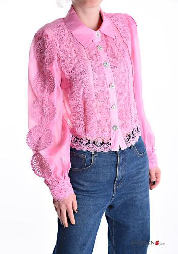 Embroidered long sleeve with collar Cotton Shirt with buttons with rhinestones