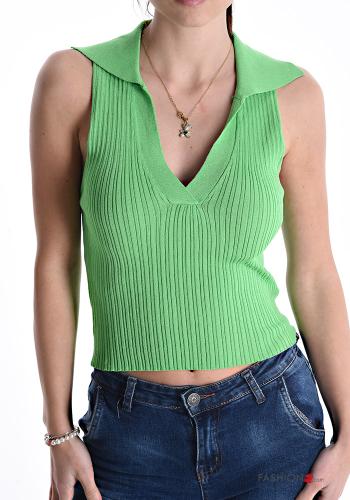 Ribbed with collar Top with v-neck