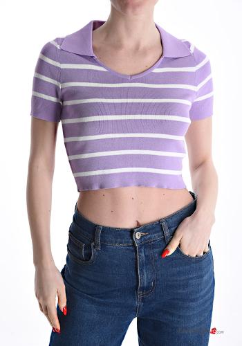 Top corto maniche corte con colletto Fantasia righe
