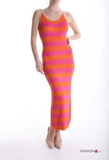 Striped Ribbed long sleeveless Dress with pearls