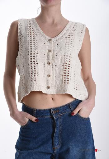 Top de Algodón sin mangas crochet Patrón bordado con botones con cuello en v
