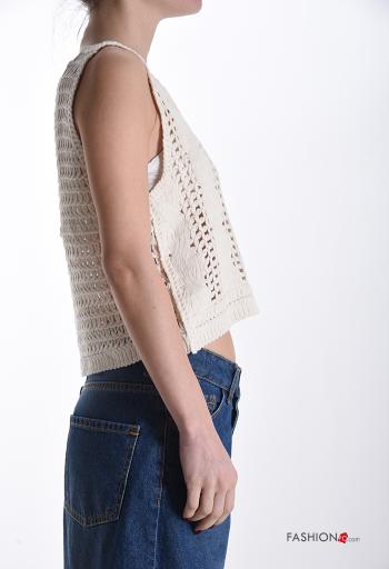 Top de Algodón sin mangas crochet Patrón bordado con botones con cuello en v - ph 3