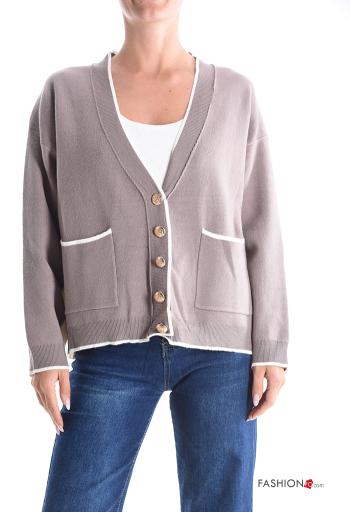 lange ärmel Strickjacke mit Knöpfen mit V-Ausschnitt mit Taschen - ph 1