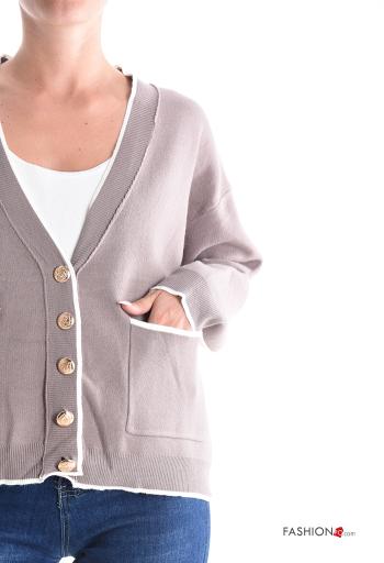 lange ärmel Strickjacke mit Knöpfen mit V-Ausschnitt mit Taschen - ph 4