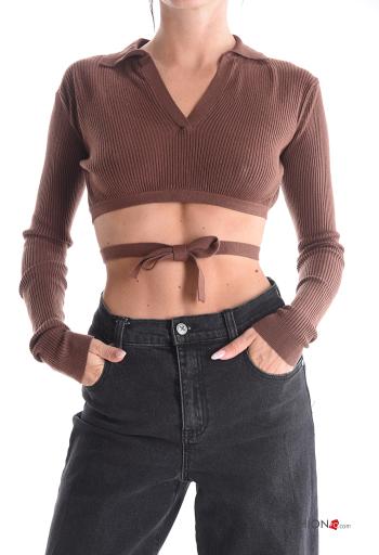 Maglione con colletto scollato sulla schiena costine corto maniche lunghe con corda - ph 1
