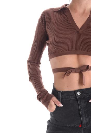 Maglione con colletto scollato sulla schiena costine corto maniche lunghe con corda - ph 4
