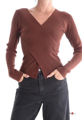 Gerippte lange ärmel Strickpullover mit V-Ausschnitt