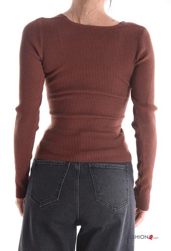 Gerippte lange ärmel Strickpullover mit V-Ausschnitt - ph 2