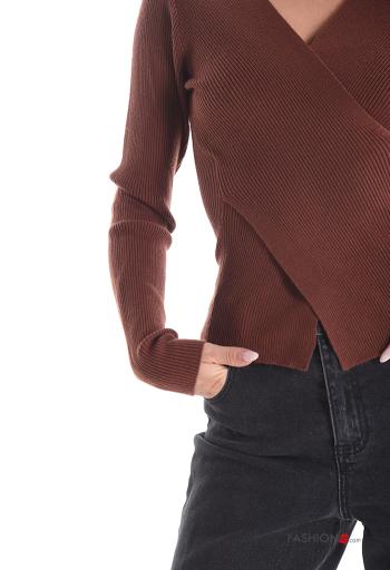 Gerippte lange ärmel Strickpullover mit V-Ausschnitt - ph 4
