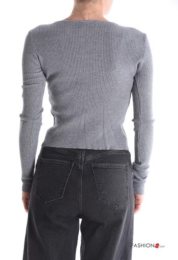 Maglione costine taglio vivo maniche lunghe con fibbia scollo a V con strass - ph 2