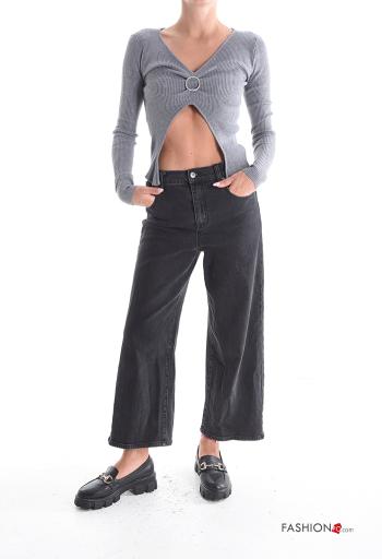 Maglione costine taglio vivo maniche lunghe con fibbia scollo a V con strass - ph 5