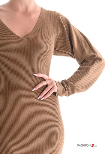 long sleeve pencil Ribbed long Dress with v-neck - ph 4
