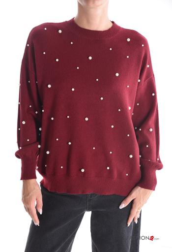 Camisola gola redonda com pérolas com strass