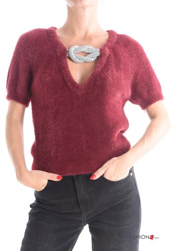 Pull manches courtes à col en V avec strass