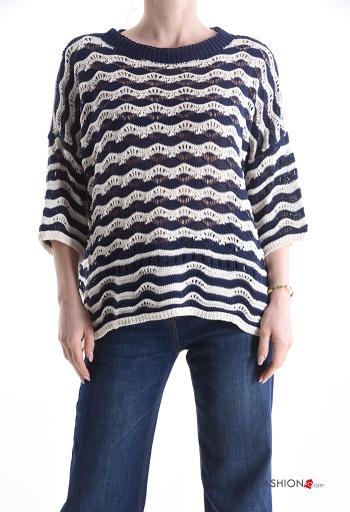 Maglione in Cotone girocollo Fantasia righe maniche a tre quarti - ph 1